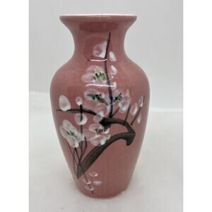 Asian Hand Painted Pink Glazed Cherry Blossom Ceramic Vase 6.25"